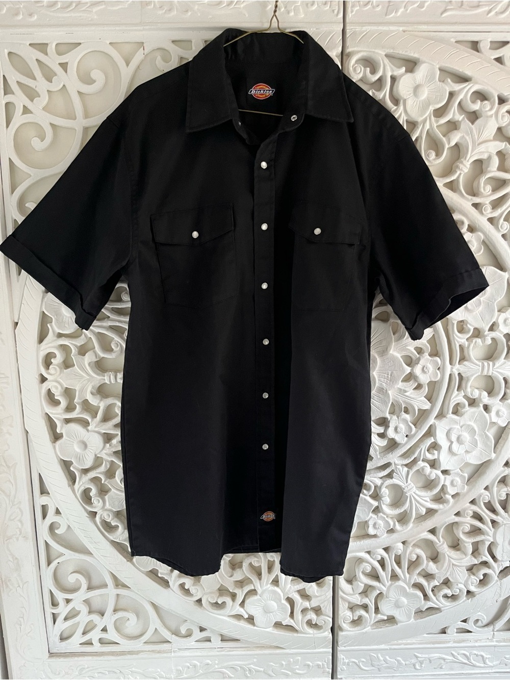 Dickies Black Short Sleeve Button Up Work Shirt Size M Classic Logo Utility